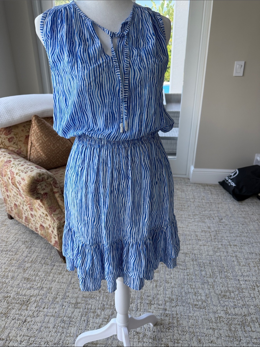 Blue Striped Tie-Neck Smocked Waist Mini Dress
